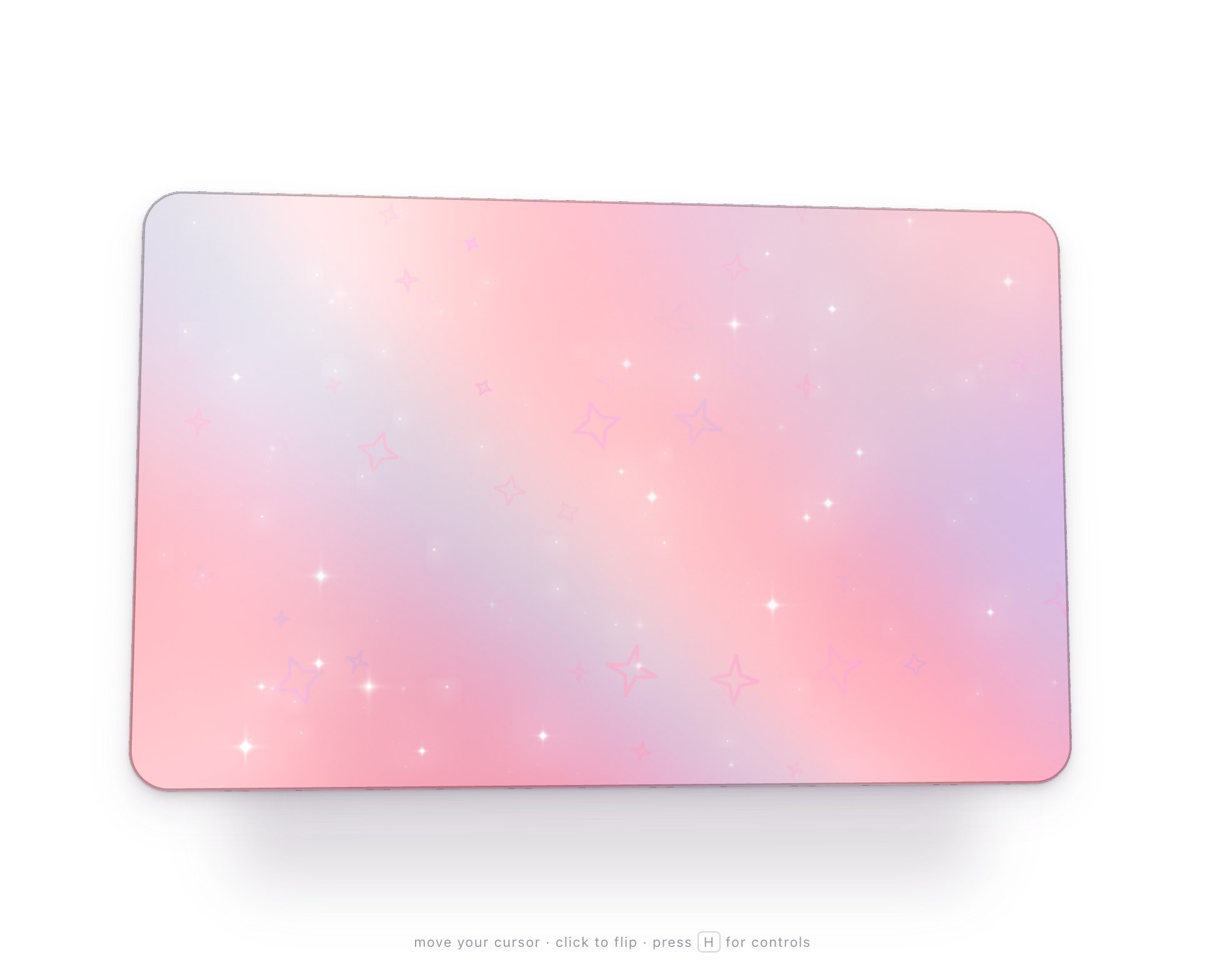 A holographic card at rest: a rounded rectangle lit in pink, peach and lilac, with a diagonal sheen running through it and small four-pointed sparkles scattered across the surface.