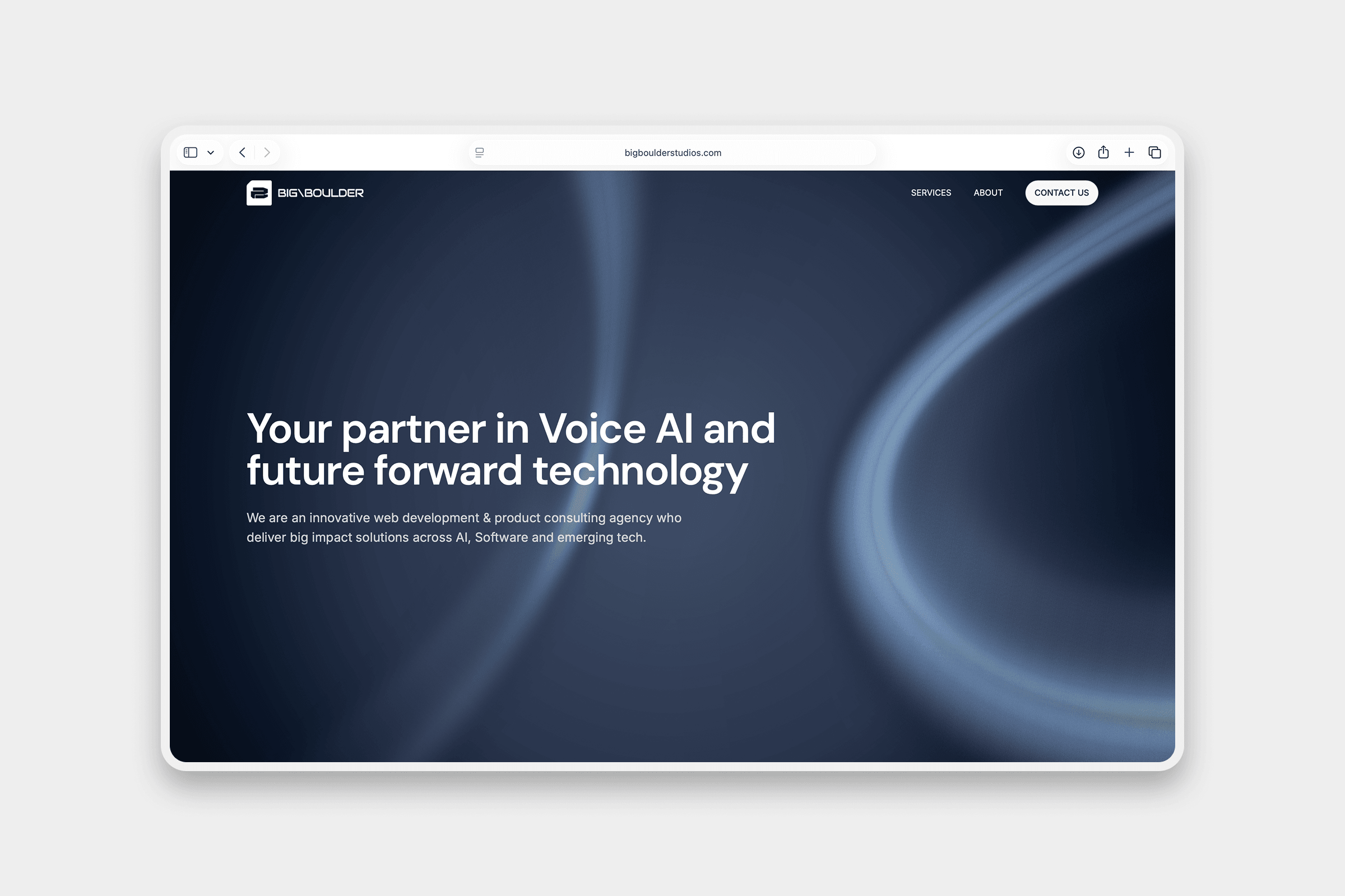 The Big Boulder Studios homepage in a browser window on a pale grey ground: the headline “Your partner in Voice AI and future forward technology” over a dark blue gradient crossed by a curving band of light.