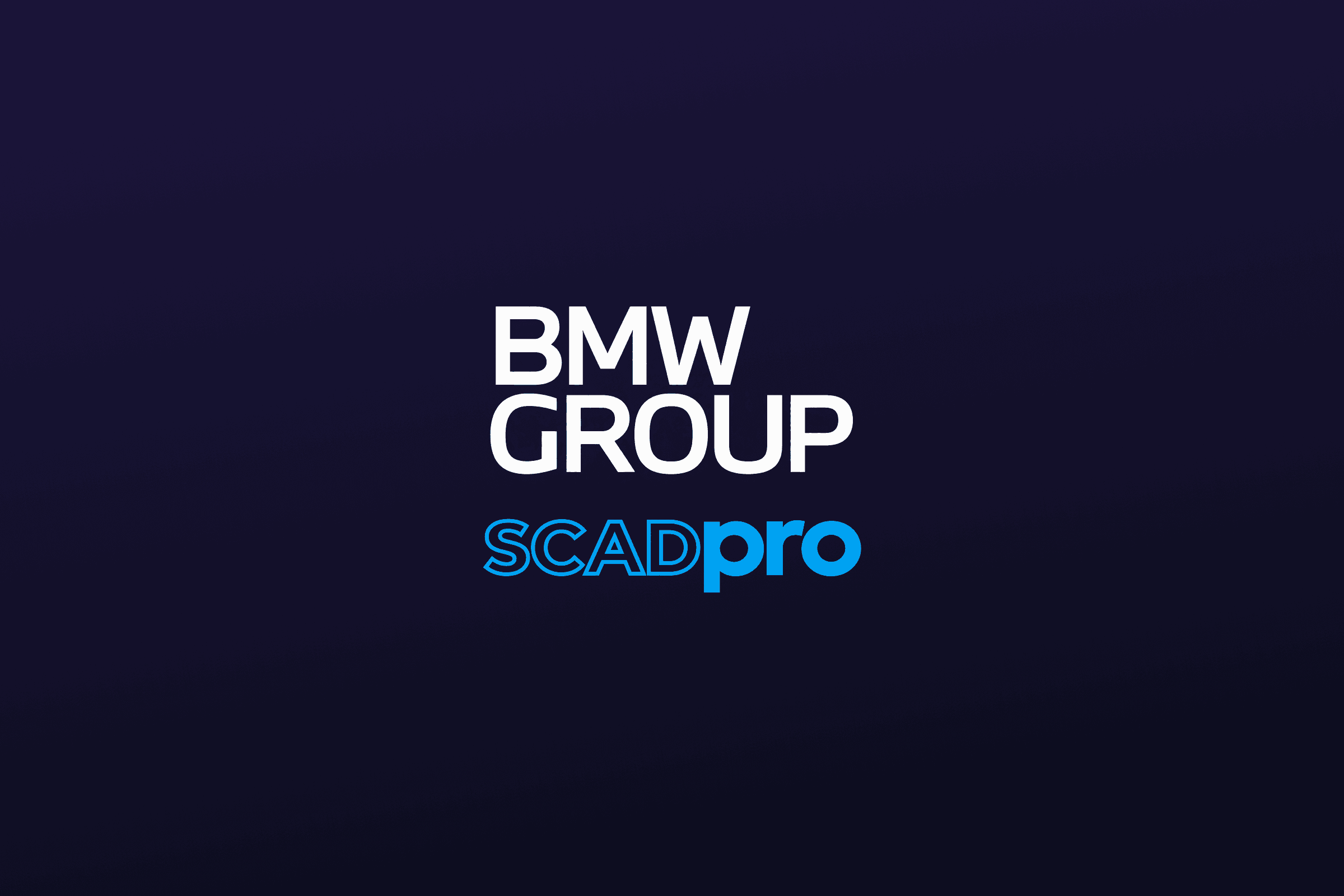 A title card on deep navy: the BMW Group wordmark in white above the SCADpro logotype in blue.