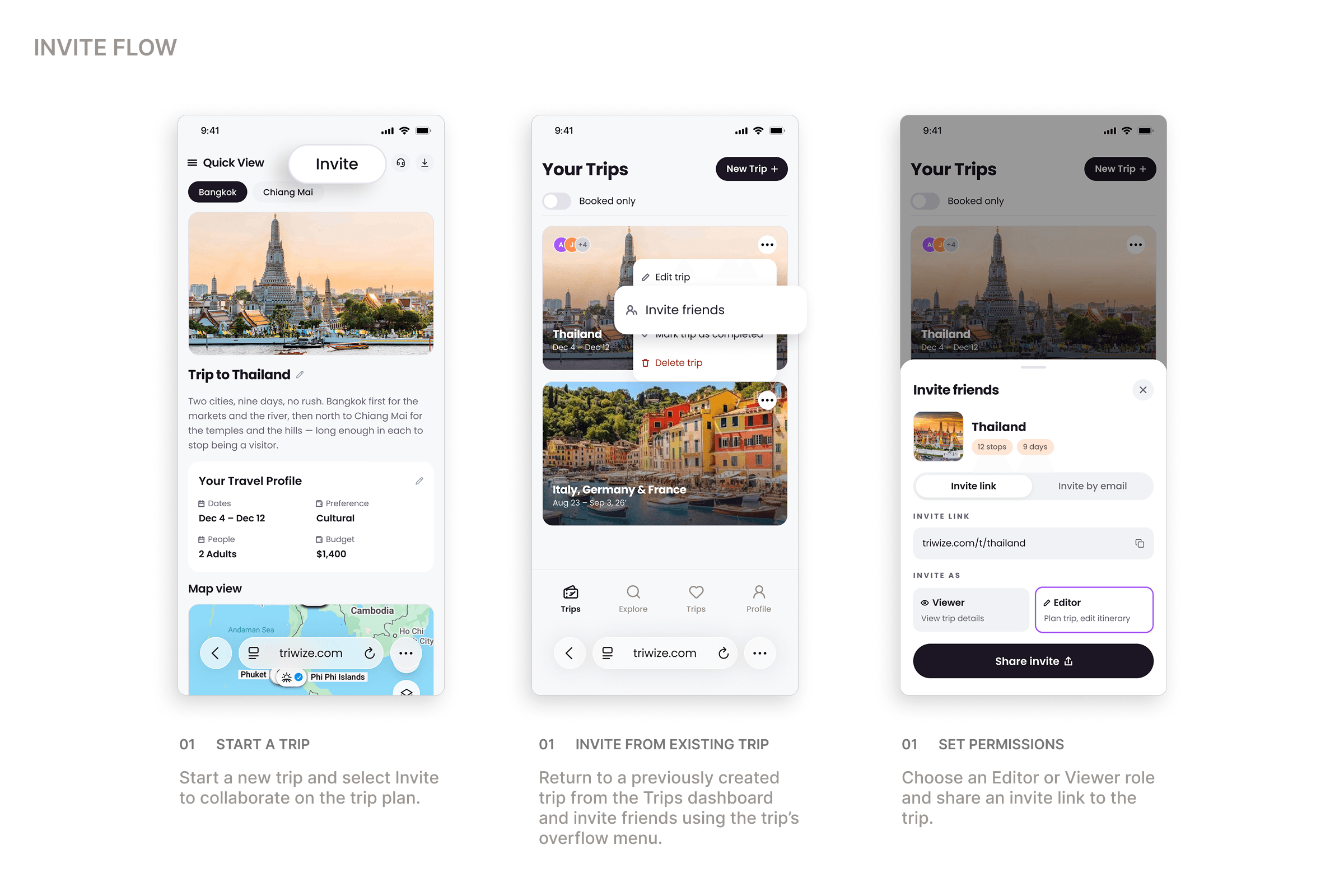 Three phone screens titled Invite flow, each numbered and captioned. Start a trip: a Thailand quick view with the invite button picked out, a photo of Wat Arun, the trip's dates, preference, people and budget, and a map — start a new trip and select Invite to collaborate on the trip plan. Invite from existing trip: the trips list with a trip's overflow menu open on edit trip, invite friends, mark trip as completed and delete trip, invite friends highlighted — return to a previously created trip from the Trips dashboard and invite friends using the trip's overflow menu. Set permissions: the invite friends sheet showing the Thailand trip at twelve stops over nine days, tabs for an invite link or an email invite, the link ready to copy, and a choice between Viewer, who can view trip details, and Editor, who can plan the trip and edit the itinerary, over a share invite button — choose an Editor or Viewer role and share an invite link to the trip.
